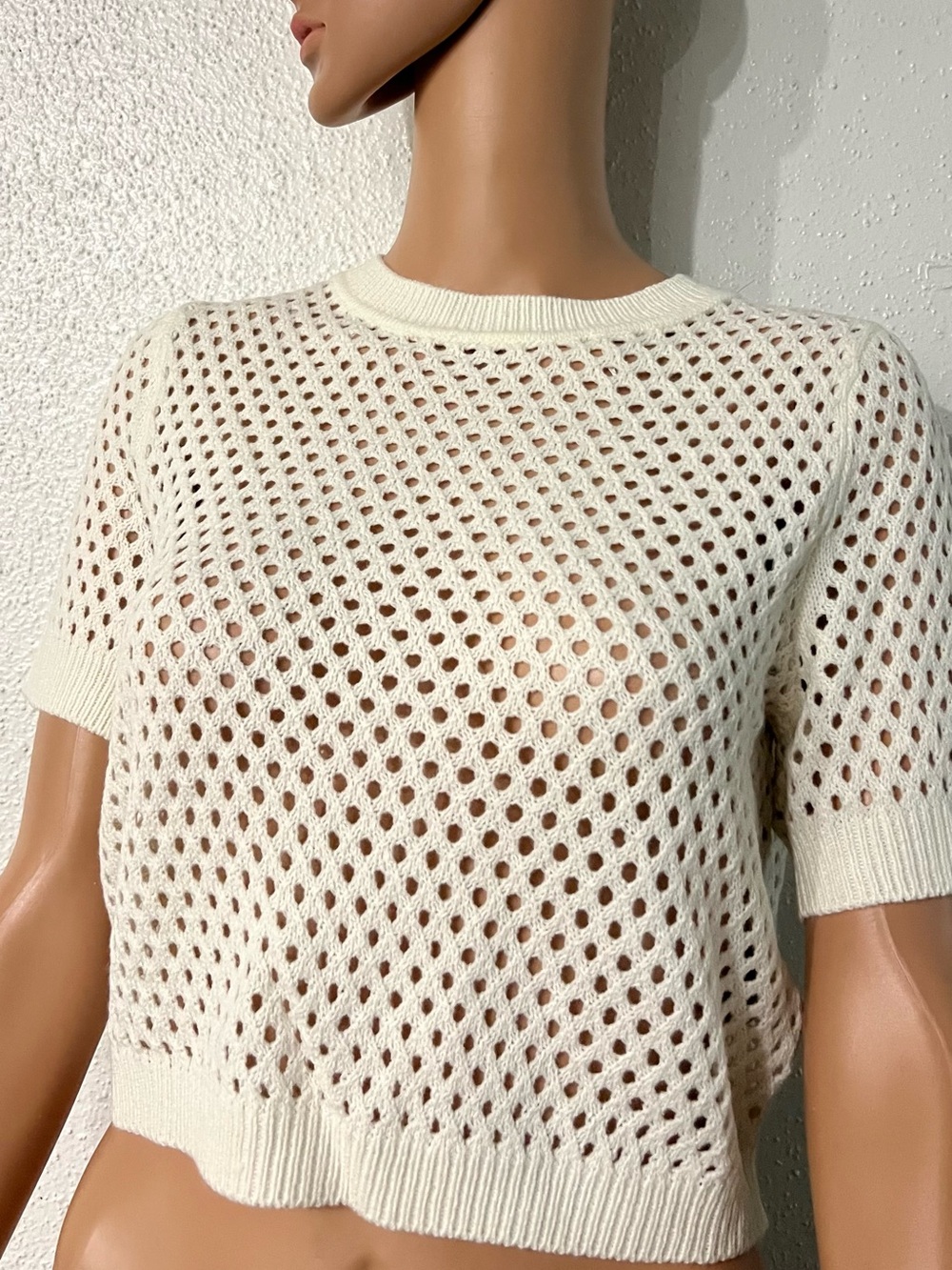 H&M Cream Open-Knit Short Sleeve Sweater Tee